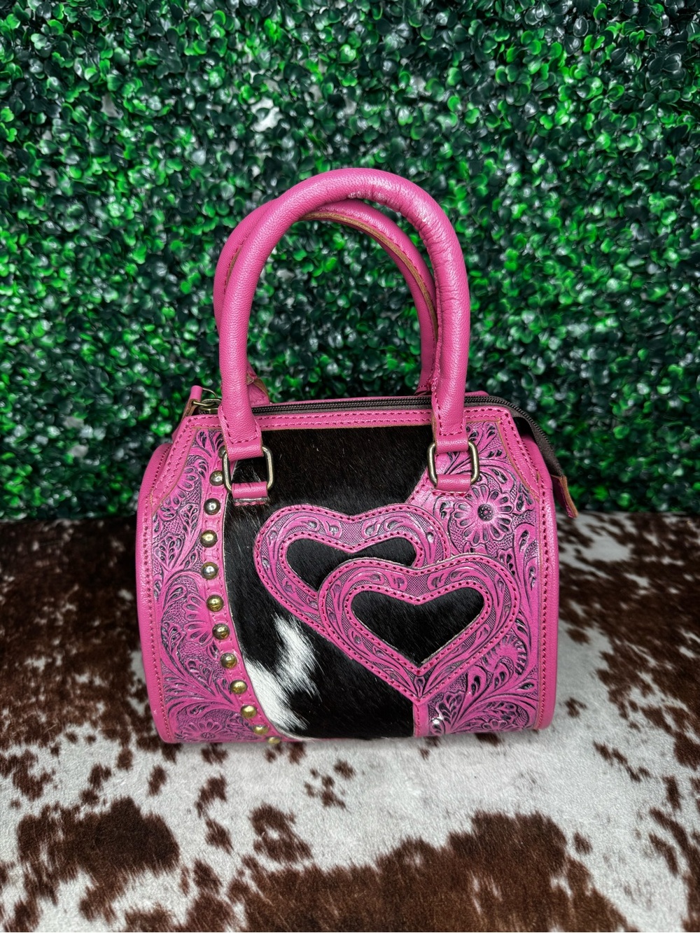 Pink Heart-Accent Leather Satchel